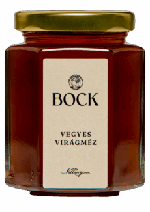 Jar of mixed floral honey labeled Bock Vegyes Virágméz with a beige label and gold lid
