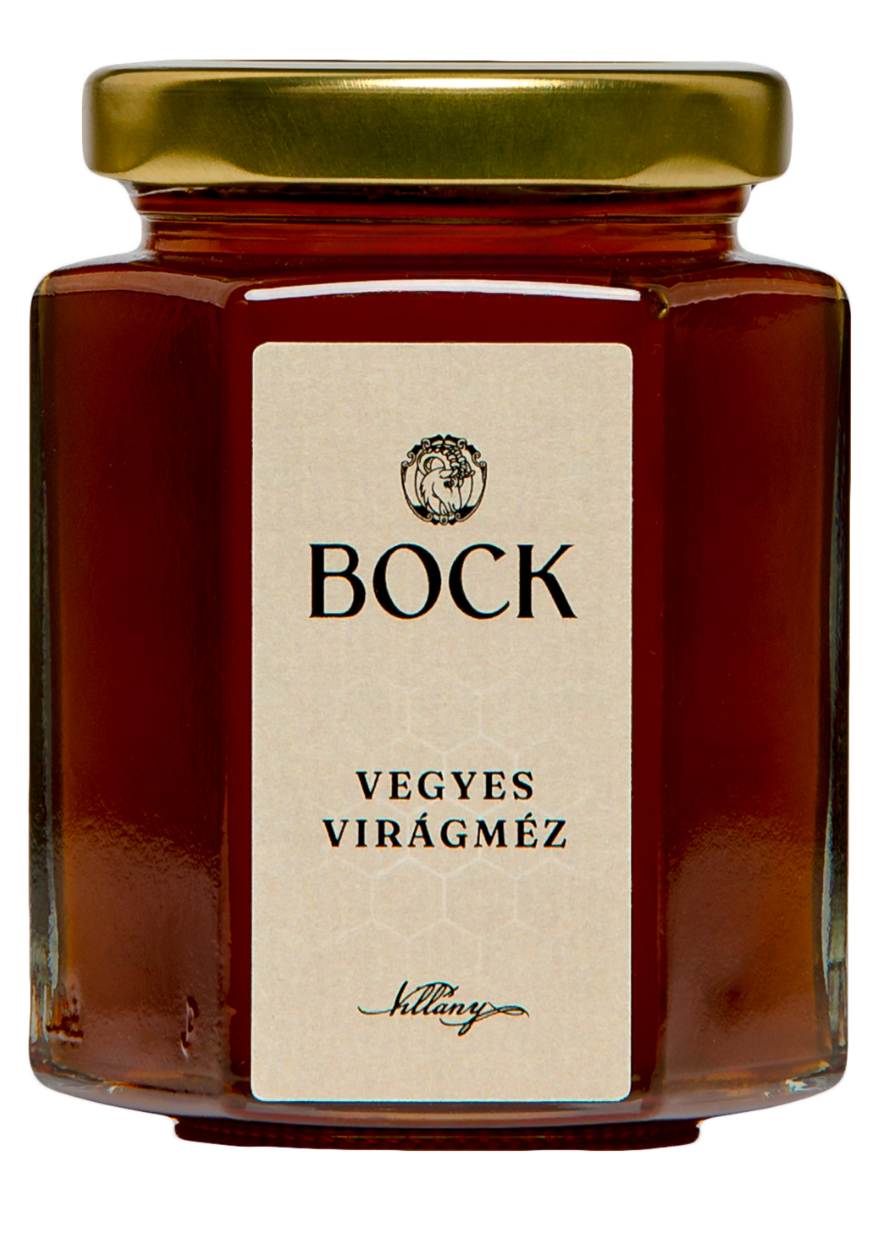 Jar of mixed floral honey labeled Bock Vegyes Virágméz with a beige label and gold lid