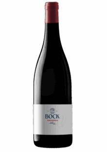 Bottle of red wine with red foil capsule and white label reading 'BOCK Kadarka' and signature detail (product image).